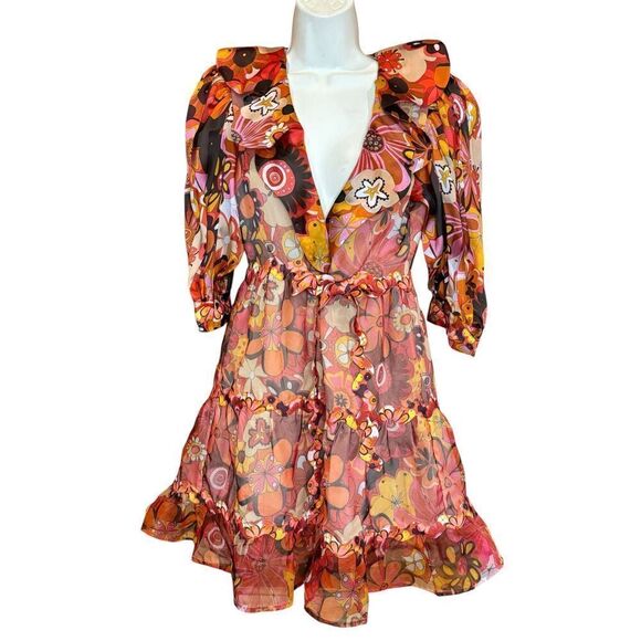 CELIA B Sinai Floral Puff Sleeve Mini Dress in Orange NWT Size Small - Picture 7 of 10